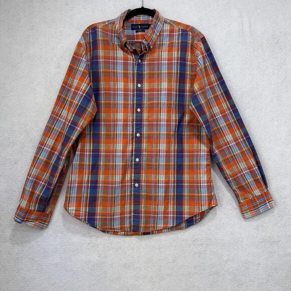 Ralph Lauren Shirt Mens Large Orange Blue Plaid Slim Fit Button Down Long Sleeve - Picture 1 of 9